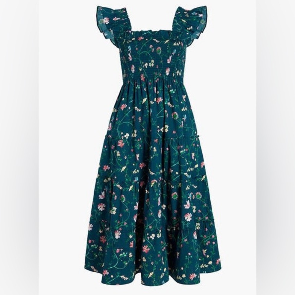 Hill House Teal Floral Midi Dress with Pink & White Accents